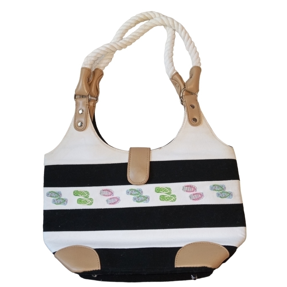 BRACIANO handbag purse.  Black & white striped, embroidered, snap closure